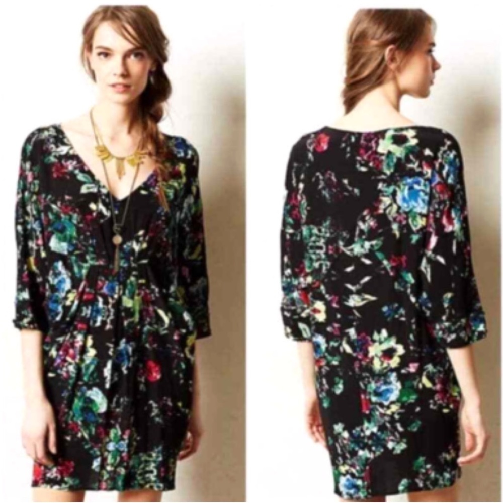 Anthropologie Maeve Black Floral Long Sleeve Dress